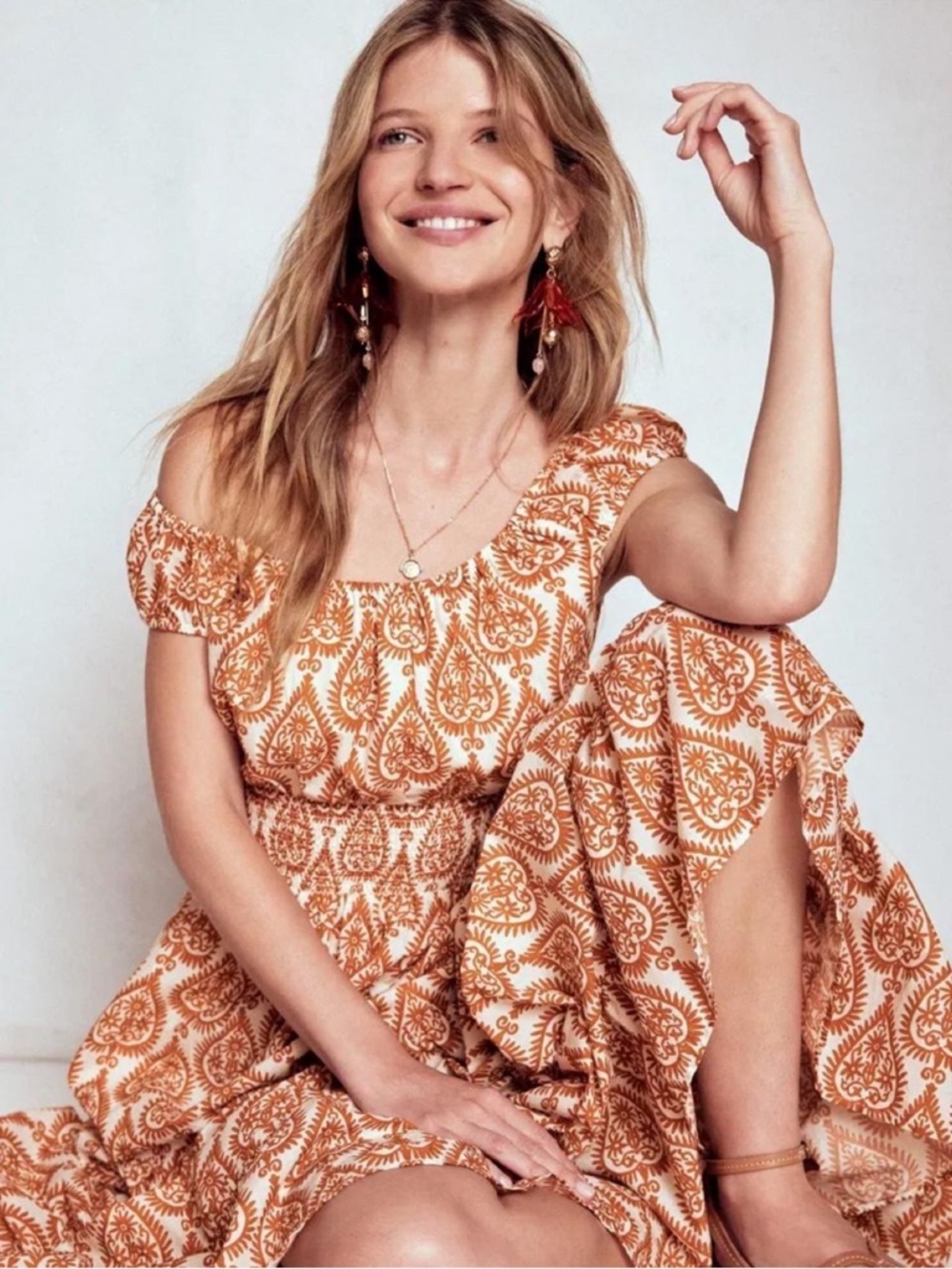 Boden NWT Cottage Boho Scoop neck 100% cotton orange paisley maxi dress Size: 2